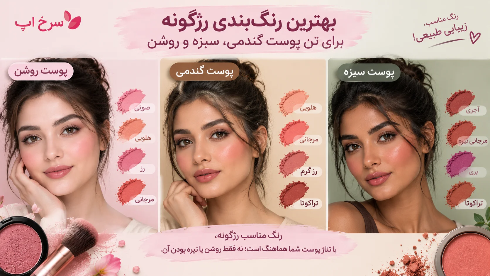 بهترین رنگ بندی رژگونه برای تن پوست گندمی، سبزه و روشن
